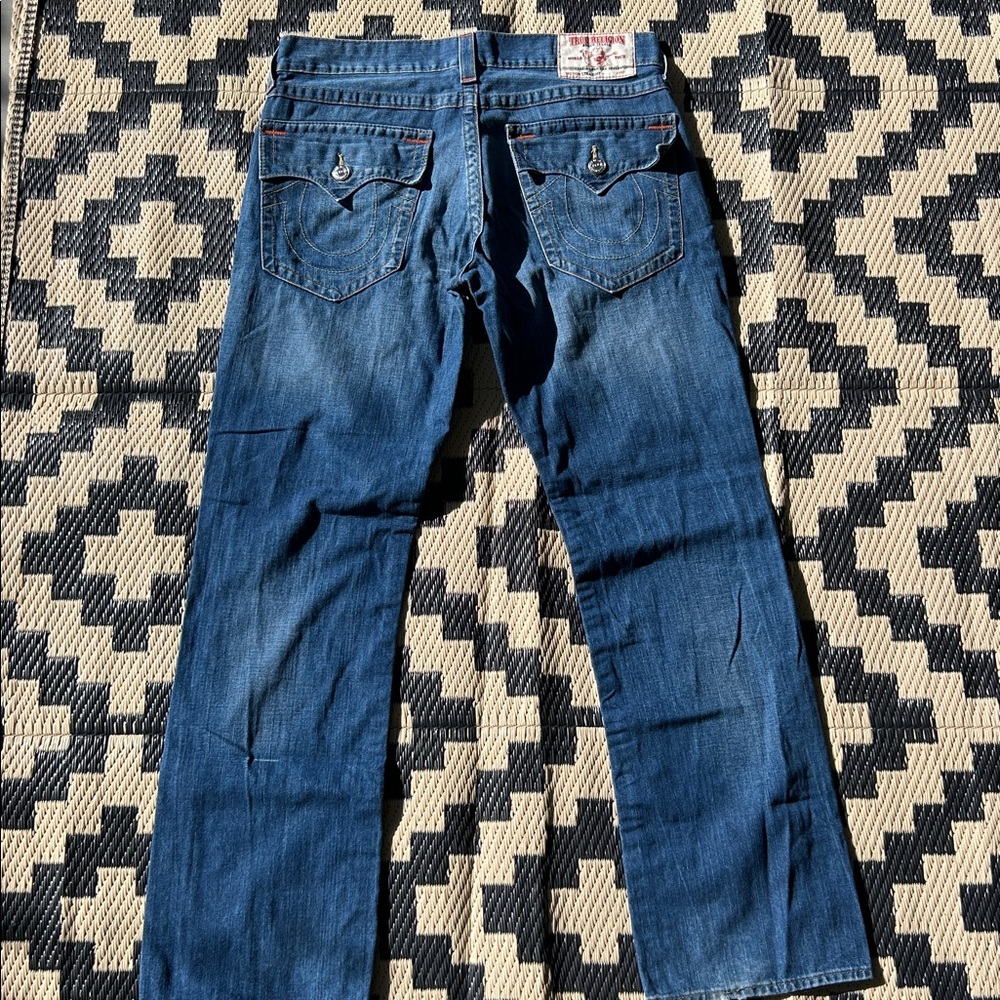 True Religion Dark Blue Straight Jeans w/light Distressed Design